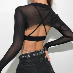 See Through Mesh Crop Top Women Long Sleeve Black T-shirt Summer Aesthetic Clothing Y2k Fashion Mini Short Sexy Tshirts Female