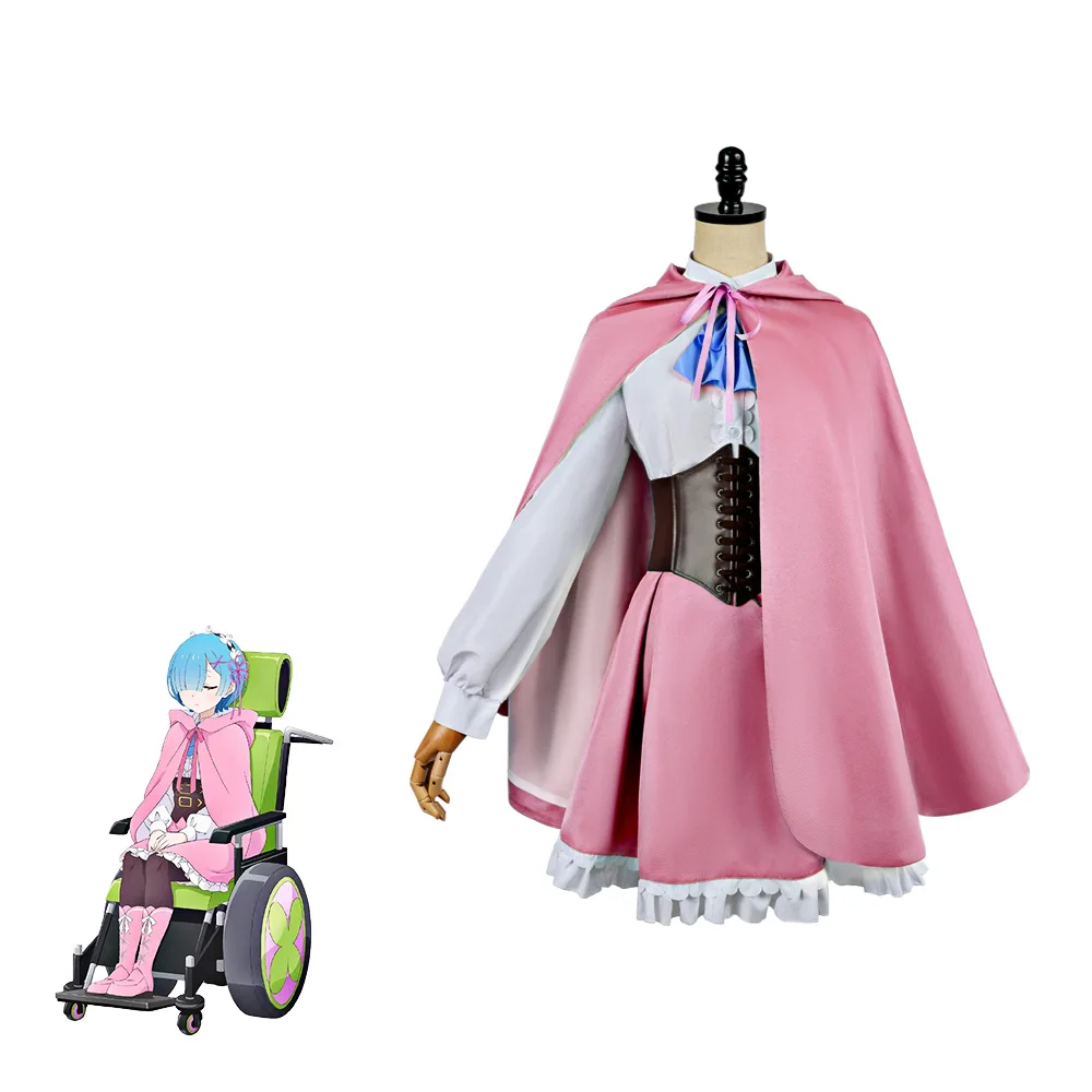 Anime Re:Zero Rem Ram Cosplay Costume Women Cute Maid Outfit Pink Green Hooded Cloak Dress for Halloween Carnival Full Set - view 6