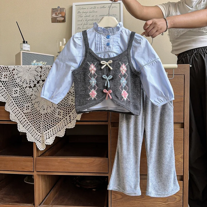 

Children's Set New Spring and Autumn Girls' Fashion Sweater Vest Long Sleeve Shirt Casual Long Pants Children's Clothing