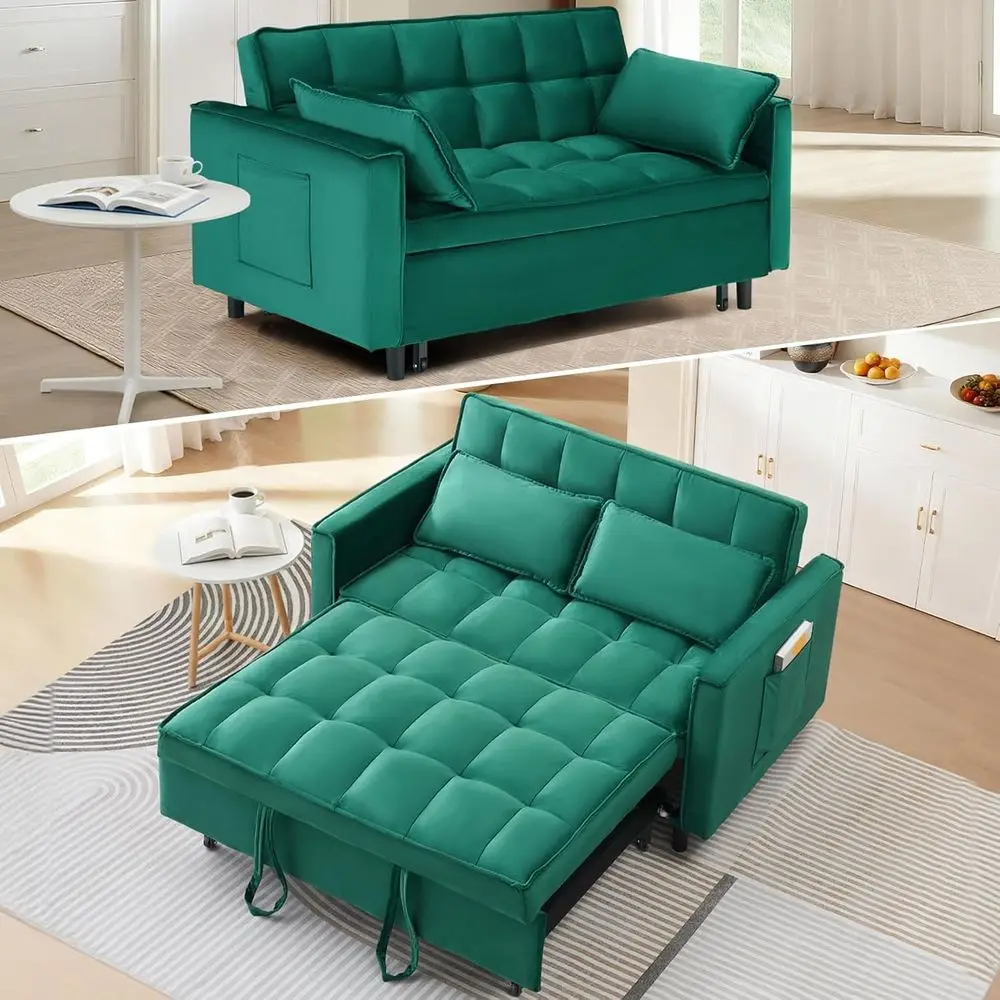 Convertible Sleeper Sofa Bed, Velvet Loveseat with Pull-Out Couch, Small Reclining Love Seat Lounge, Throw Pillows (Green, Set o
