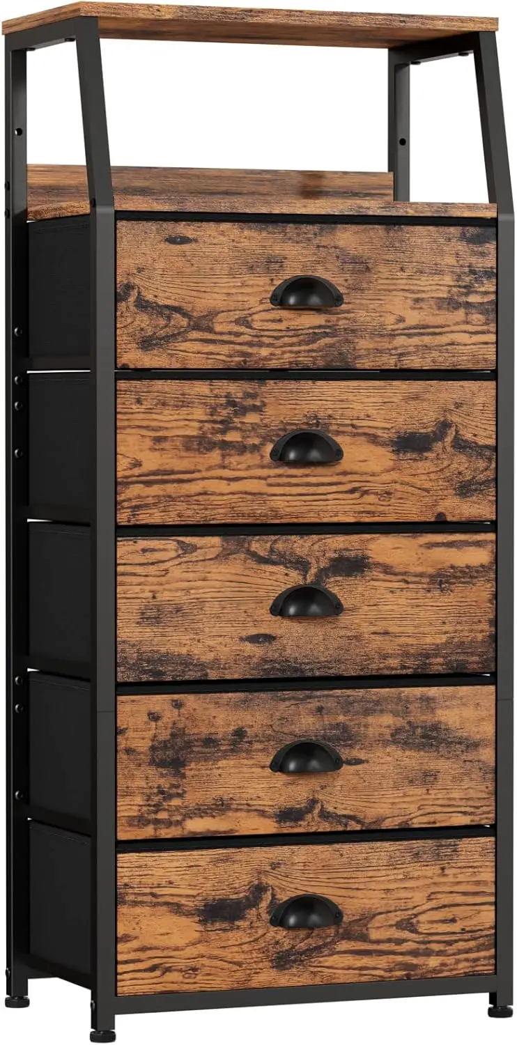 

Tall 5-Drawer Dresser, Vertical Fabric Storage Tower with Steel Frame & Wood Top for Bedroom, Nursery, Hallway