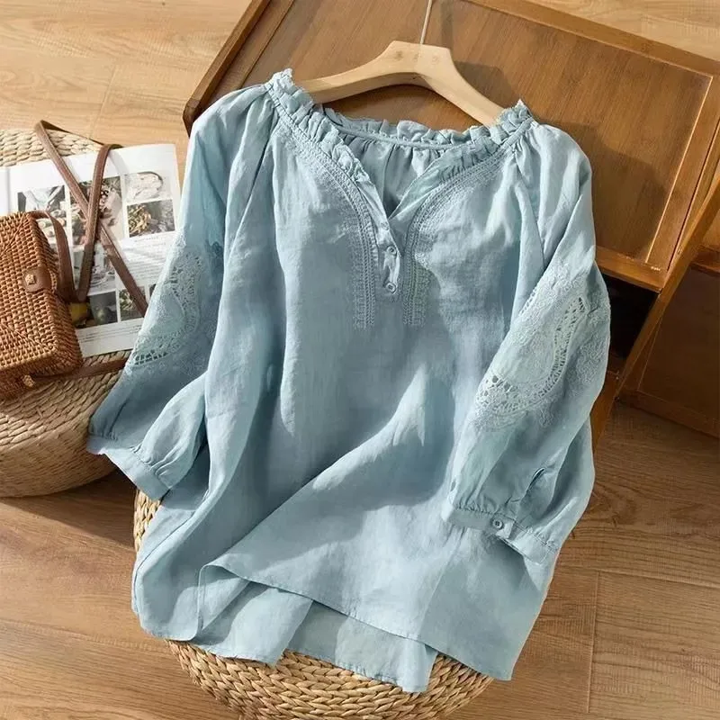 

Women's Casual Cotton Linen Blouse Ruffle V Neck Lace Embroidered Loose Fit Top
