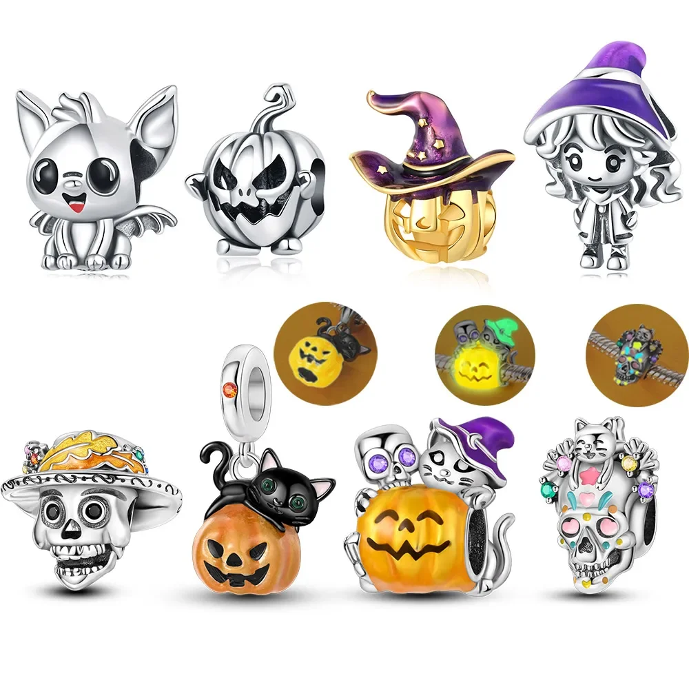 Halloween 925 Sterling Silver Glow Grimace Pumpkin Cat Skull Bead Charm Fit Bransoletka i koronkowa biżuteria dla dzieci Dziewczyna