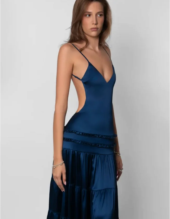 Rückenfreies Partykleid Blau V-Ausschnitt Rüschen Lang - usage example
