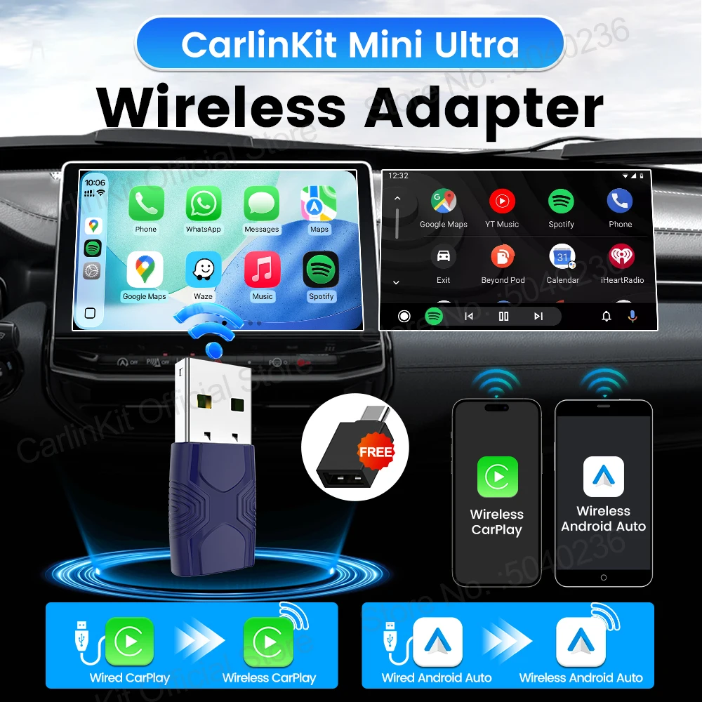 2026 CarlinKit 5.0 Mini Ultra 2-In-1 Wireless Adapter Android Auto CarPlay Wireless Smart Car Play Box For OEM Car Plug and Play