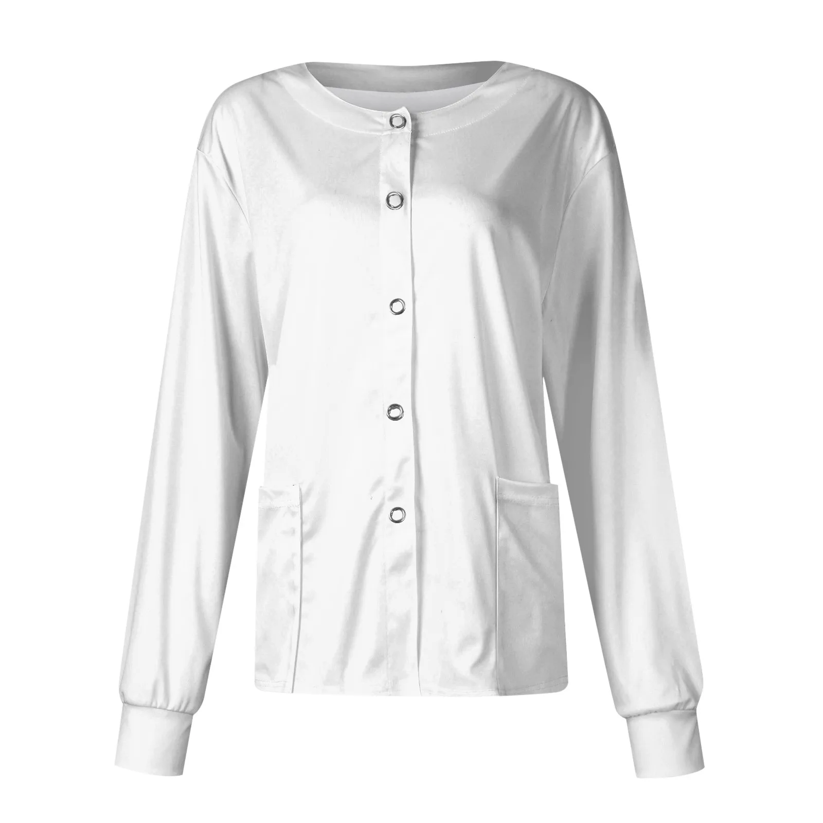 Women Long Sleeve Pocket Working Stand-Up Collar Solid Color Single-Breasted Protective Overalls Cardigan Jacket Top