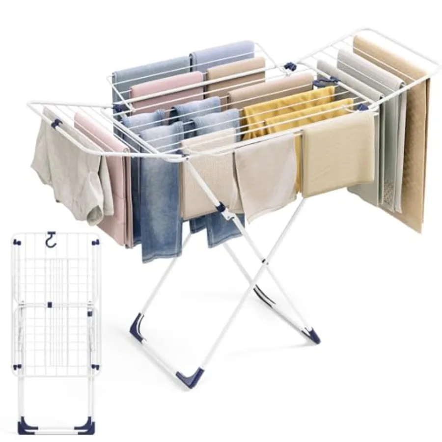

Foldable Metal Clothes Drying Rack White 55.12x37.8x17.52 with 4 Gullwings Indoor Outdoor Use Space-Saving Free-Standing Laundr