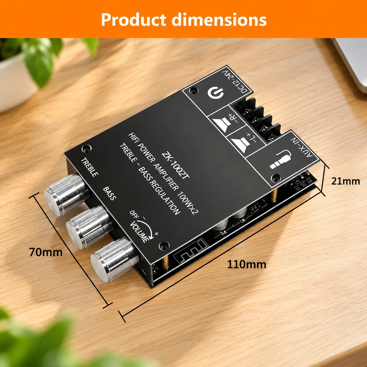 ZK-1002T Bluetooth 5.0 HiFi Stereo Power Amplifier Board 100W×2 Dual Channel Audio Module DC 12-24V with AUX Input Bass Treble Volume Control for DIY Speakers