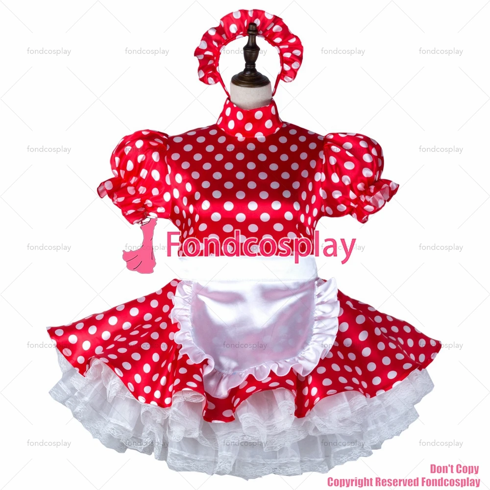 fondcosplay adult sexy cross dressing sissy maid short red Dots satin dress lockable Uniform white apron CD/TV[G2281]