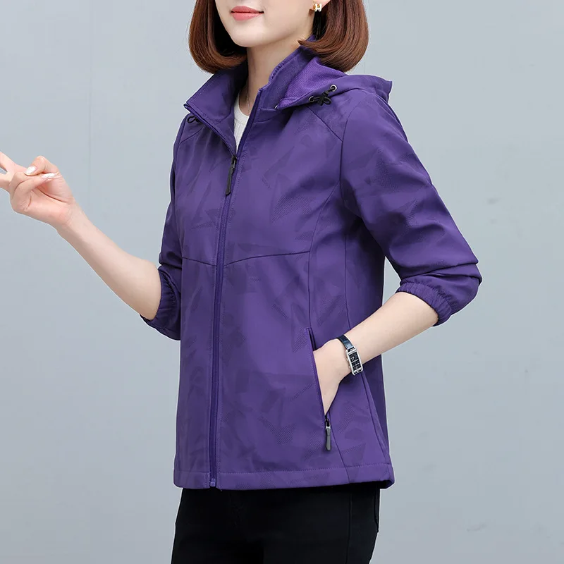 Women's Purple Long-sleeve Hooded Jacket for Spring and Fall; A Stylish, Casual Printed Coat with A Zippered Front Placket.