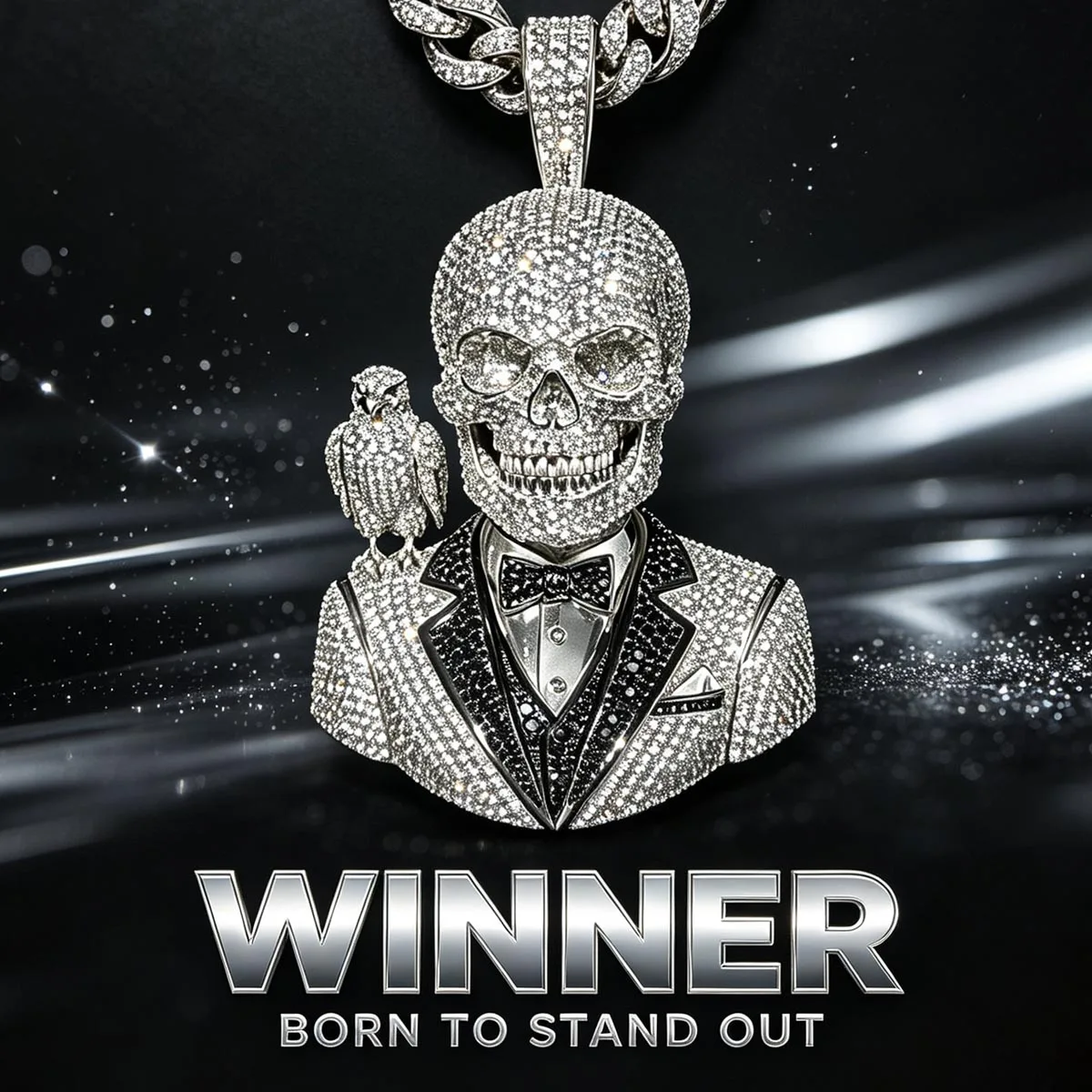 Iced Out 3D Skull Gentleman Falcon Bird Hip‑Hop Pendant Micro Pave Zircon 18K Gold Plated Bling Gothic Skeleton Suit Bow‑Tie Sparkly Charm Cuban Chain Necklace Jewelry Male Rapper Streetwear Club Party Unique Heavy Fine Jewelry Gifts for Men Boy Friends