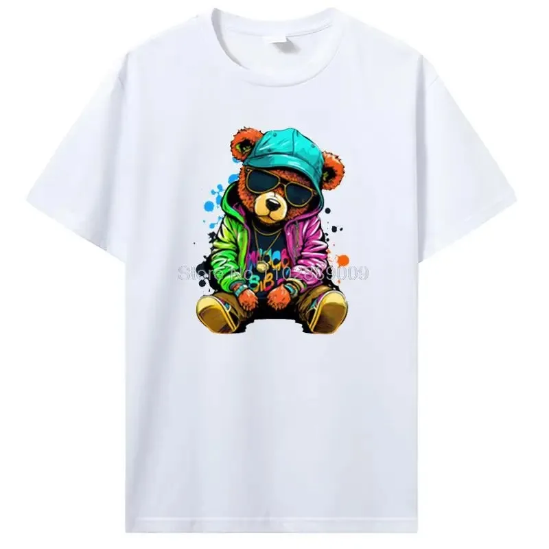 Teddy Bear Playing Badminton T-shirt Cotton Clothing Tops Graphics Kawaii Men Women Short Sleeve Print TShirt Tees