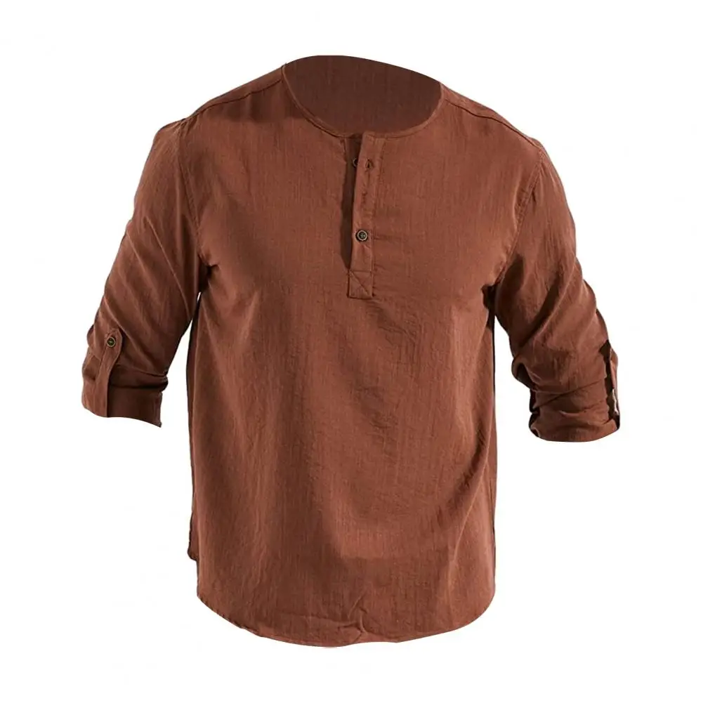 Men Long Sleeve Shirt Men's Solid Color Long Sleeve T-shirt with Cufflink Detail Casual Mid Length O Neck Pullover for Fall