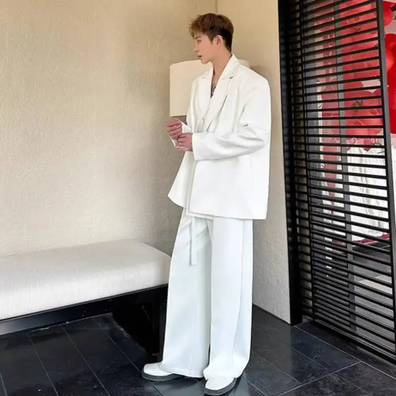 WVGA Spring Autumn New Man Double Collar Strap Design Trendy Blazer Straight Niche Chic Casual Suit Pants Two Pieces Sets W7258
