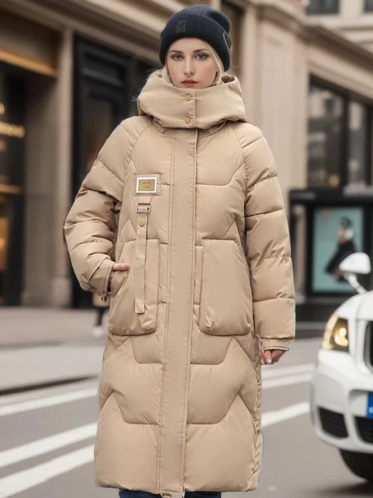 2024 Winter Kleidung Frauen Neue Abnehmbare Hut Solide Lose Mantel Frauen Zipper Mit Kapuze Über Knie Taschen Verdickt Lange Parkas