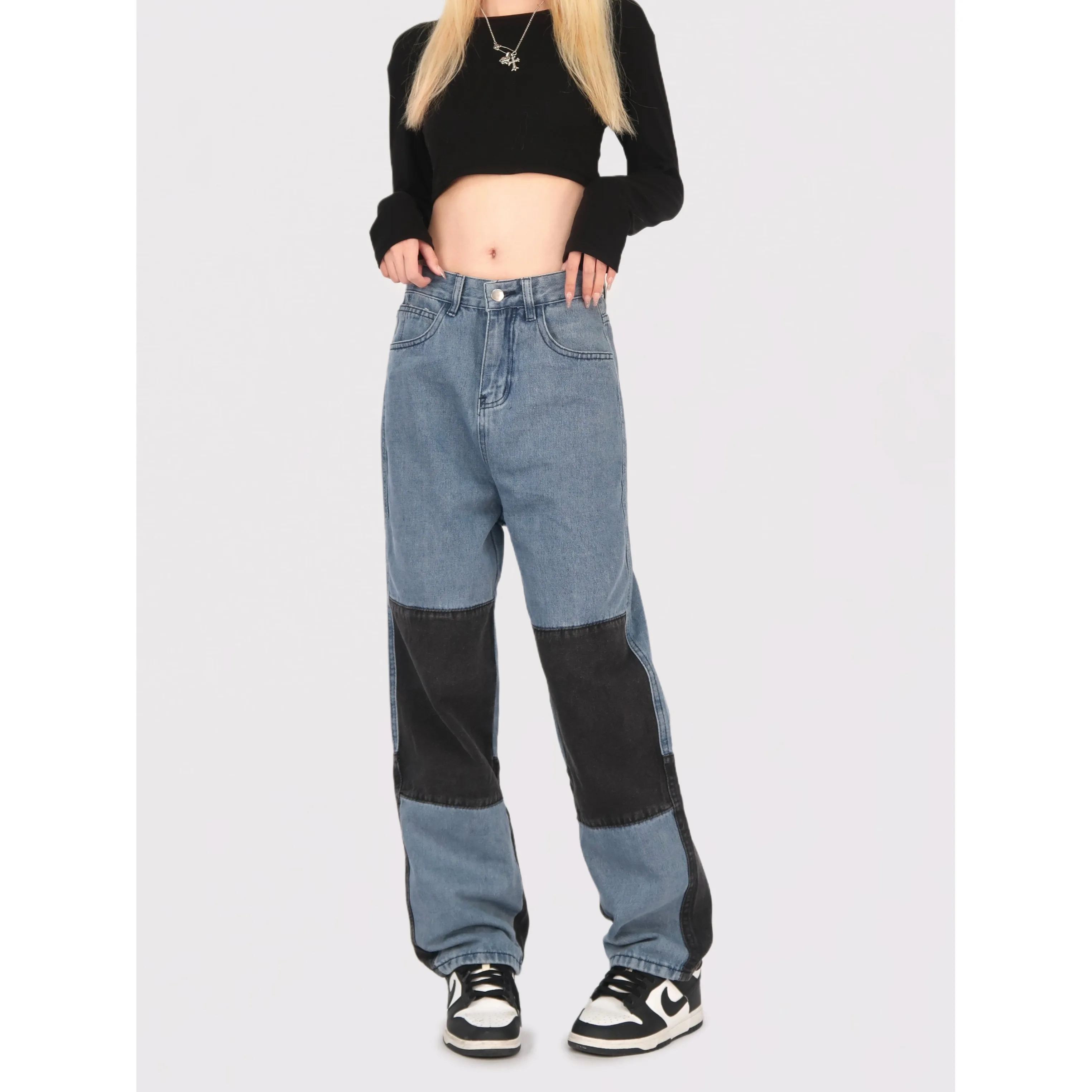 

Street hip-hop contrasting splicing jeans, high waisted straight leg pants, loose wide leg pants for women