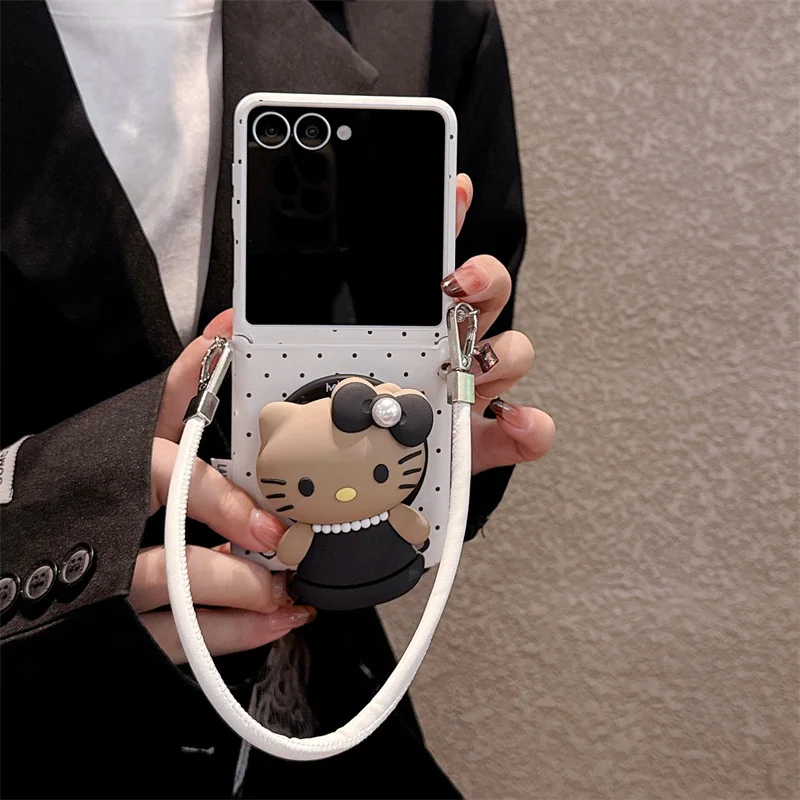

Kawaii Cartoon Hellokitty Leather Magnetic Phone Case For Samsung Galaxy Z Flip 7 6 5 Back Cover with Stand Hand Strap Cute Case