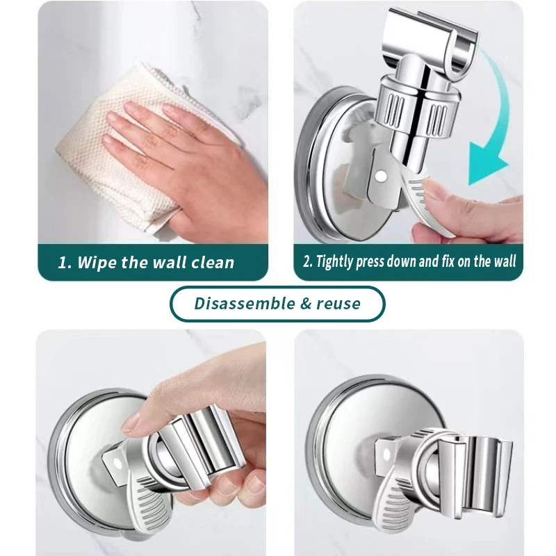 Support de Douchette à Main Réglable avec Ventouse, Tête de Rail de Douche Entièrement Plaquée, Support Universel, Rotation Stable