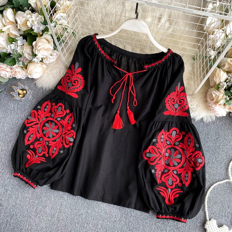 

Retro Ethnic Heavy Embroidery Belted Tassel V-Ne Lantern Sve Top Women Loose Versatile Korean Sle Long Sve Lace irt