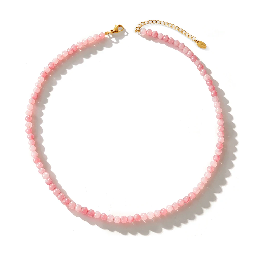 Boho Pink Natural Stone Beaded Necklace For Women, Bohemian Stackable Choker, Trendy Beach Vacation Jewelry Gift