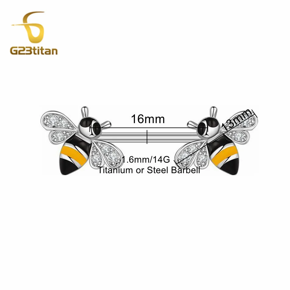 Cute Bee Shape 2pcs Nipple Rings Titanium Or Steel Barbell Nipple Piercings Charm Accessory Women Body Shield Bar Jewelry 14G image 5