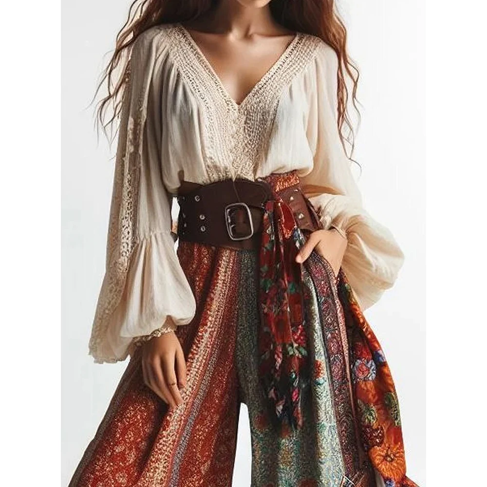 Women’s Elegant Lantern Sleeve Blouse Solid Lace Patchwork V-Neck Ethnic Vintage Summer Tops Vacation Long Sleeve Female Blouses