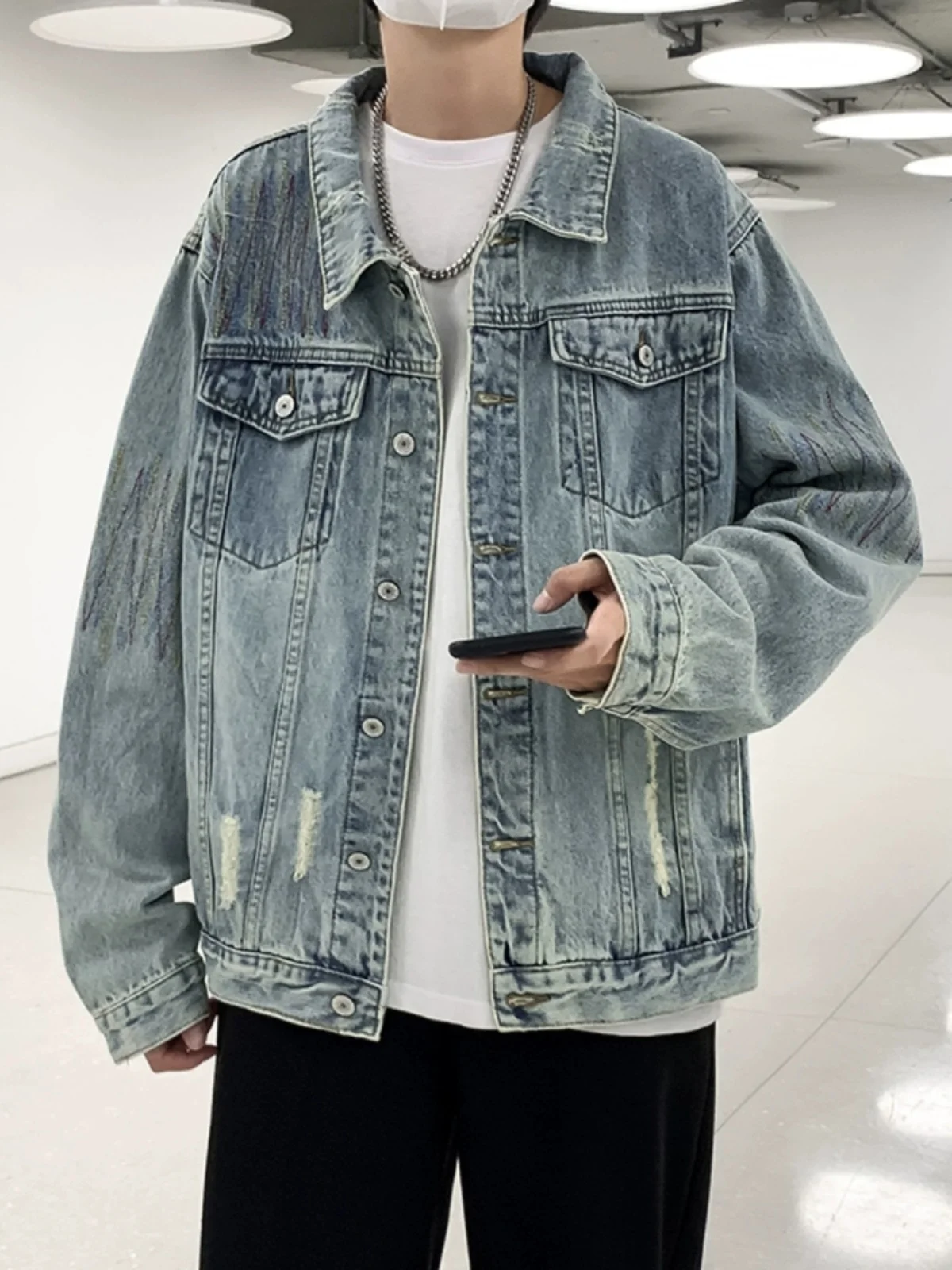 

Retro American Heavyweight Waed Casual Men's Denim Jaet Loose Fit Outerwear Embroidered Multket Youth ular Sle