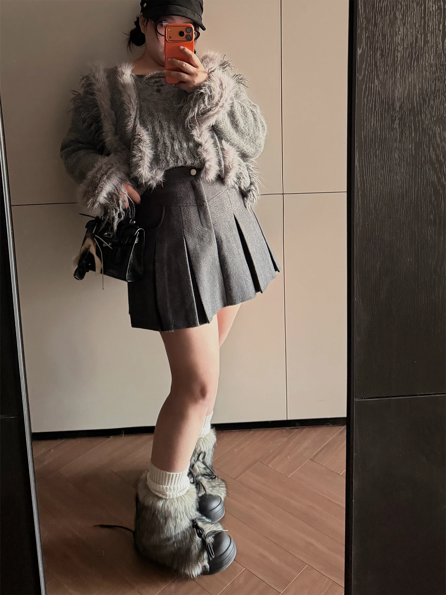 

High Waist A-Line Skirt with Sharp Pleats Woolen Tweed Fabric for plus Size Women Casual Style Daily Wear