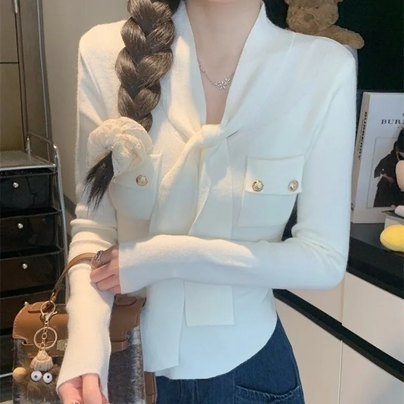 

Women Spring Autumn Simplicity Office Lady V-neck Solid Color Long Sleeve Knitwear Ladies Fashion All-match Temperament Tops