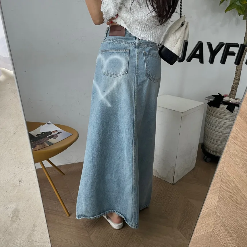 

High Waist A-Line Long Skirt Women's Denim f Skirt Waed Print Slimming Age-Defng Versatile Skirt for Commuting