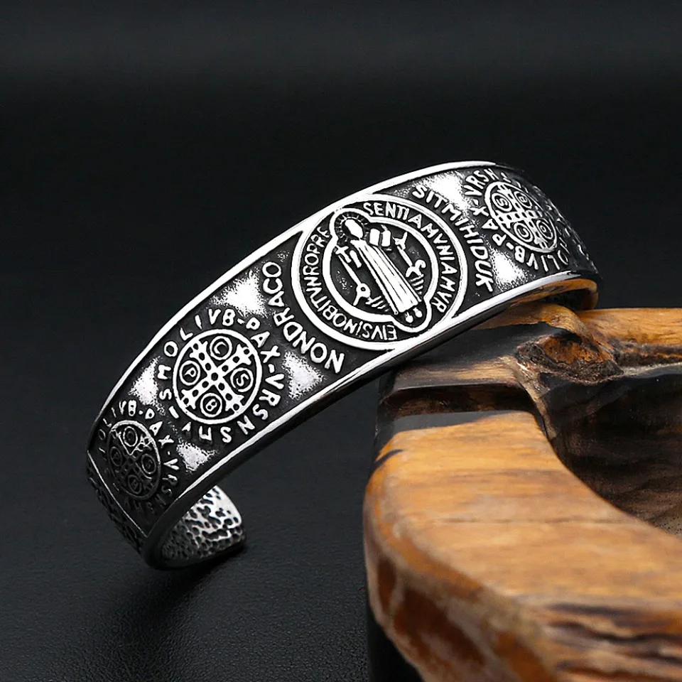 Gothic Vintage St. Benedict Exorcism Bracelets For Men Women Stainless Steel Fashion Biker Religious Amulet Jewelry Droshipping