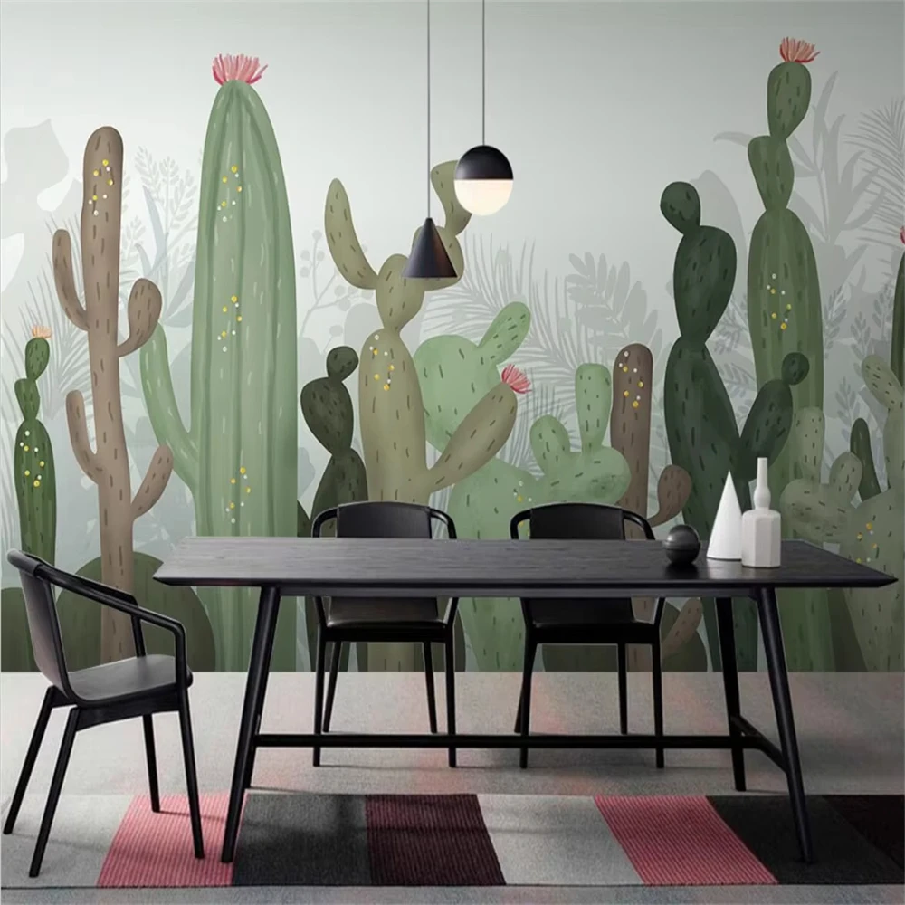 Line drawing succulent cactus non-woven wall cloth wallpaper bedroom background wall pastoral style high-end customized mural