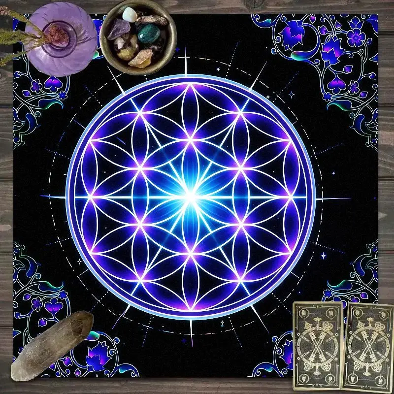 VIKAMA Tarot Table Cloth Purple Flower Of Life Altar Cloth Black Sacred Geometry Tarot Mat Witch Pagan Divination Ritual Decor