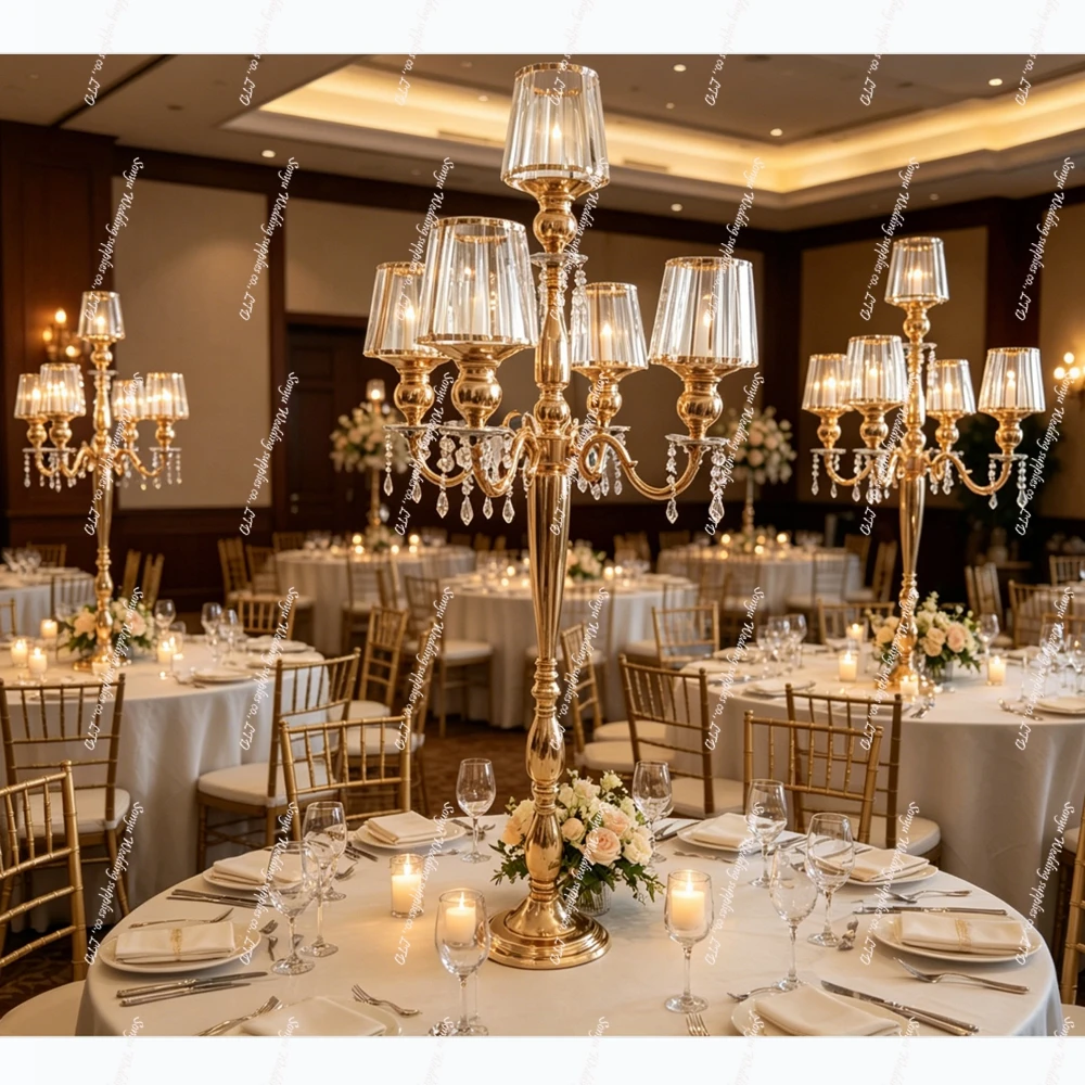 6pcs 120cm large  Transparent glass Lampshades backdrop arch Candelabra Glass Candle Stand 5 Arms Wedding Crystal Candelabra