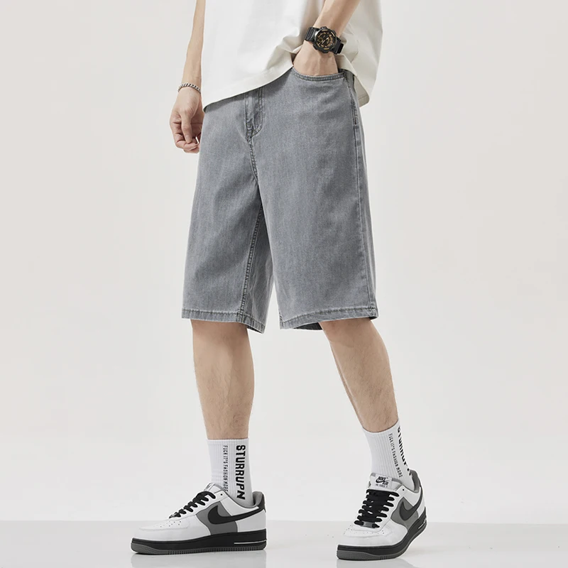 2026 Summer Men's Straight Tube Lightweight Lyocell Stretch Denim Shorts Classic Patches Retro Casual Knee Length Thin Shorts