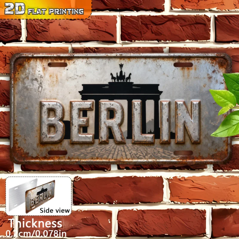 مسطح ثنائي الأبعاد، قطعة واحدة من بوابة برلين براندنبورغ العتيقة، لافتة معدنية من الألومنيوم الريفي مع فن التاريخ الألماني، متين في الهواء الطلق