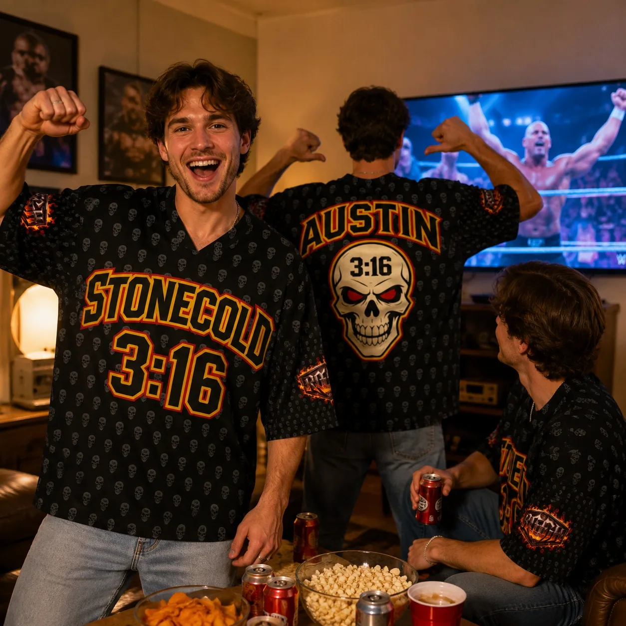 Men's Cold Stone 316 Wrestling T-shirt Austin Skull Full Print V-neck Off Shoulder Loose Rock Casual Wrestling Fan T-shirt