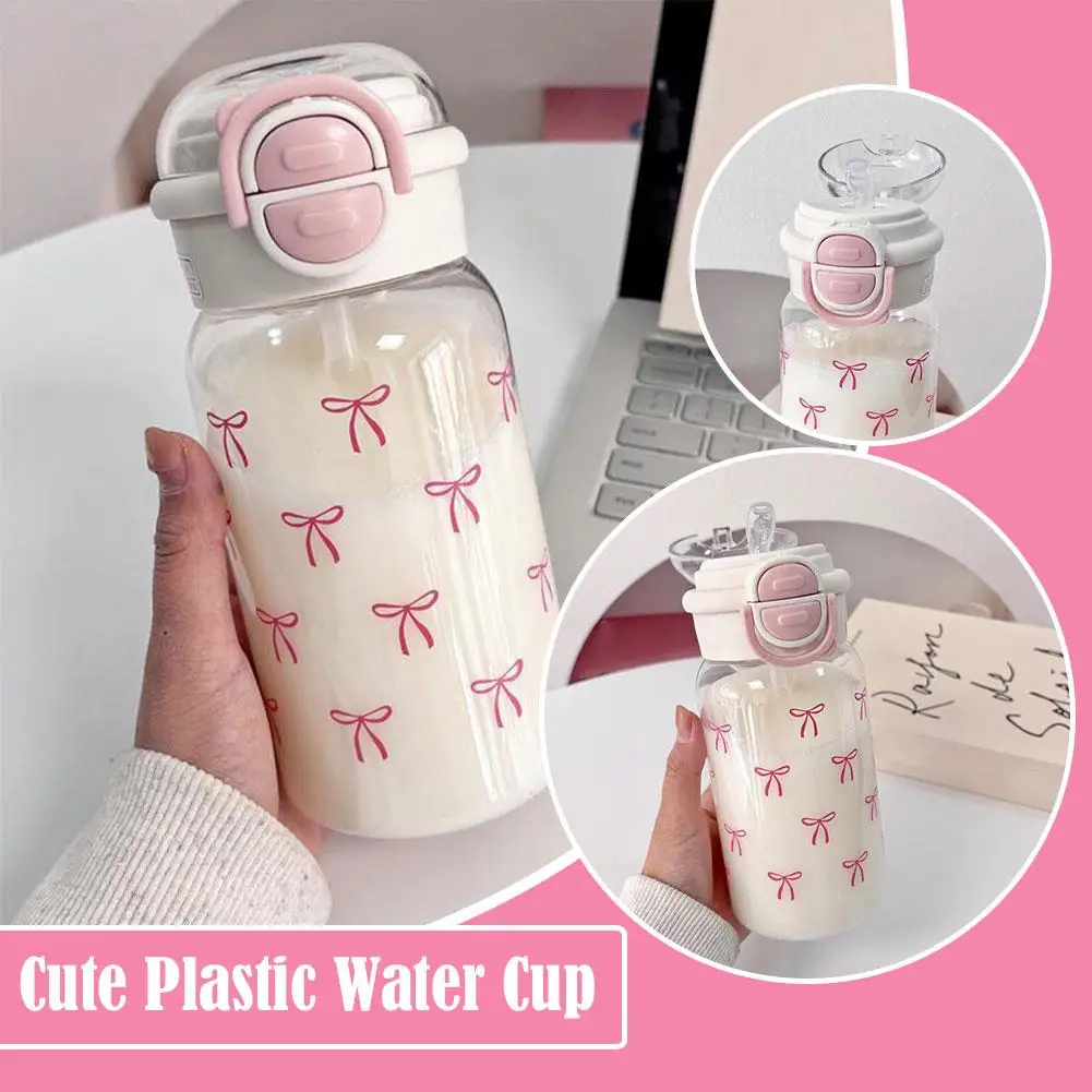 Cute Water Bottle with Straw Portable Plastic Pop-Up Cover Water Cup Kawaii Bottle Water Leak-Proof Drinking Bottle