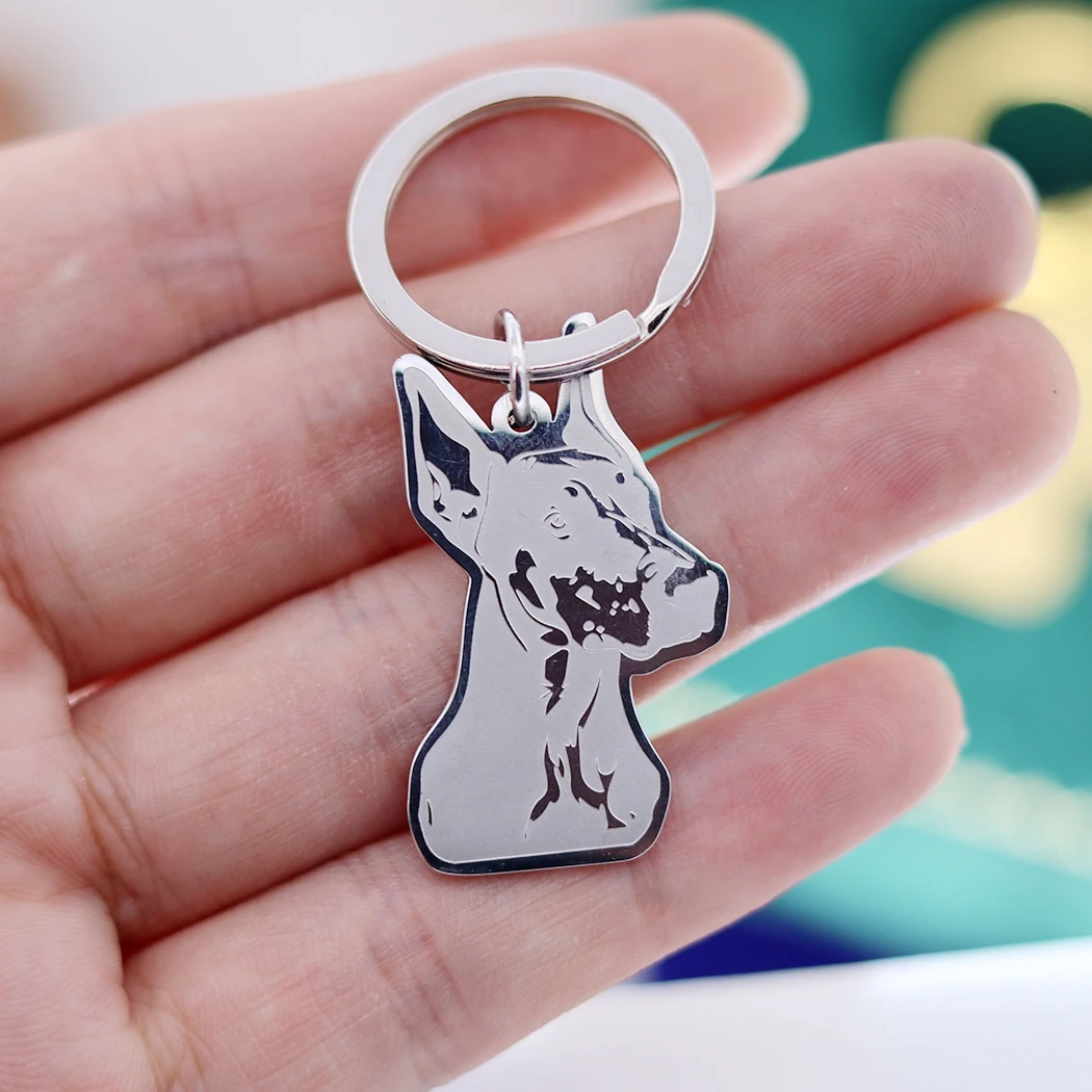 Stainless Steel Trendy Pointed Ears Dobermann Dog Keychain Pendant Animal Unisex Punk Jewelry Bag Car Key Rings Deco Supplies