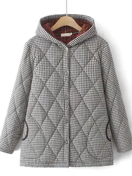 Manteau d'Hiver en Coton Chaud pour Femme, Veste avec Petit Motif à Carreaux, à Boutonnage Simple, à Capuche, Grande Taille