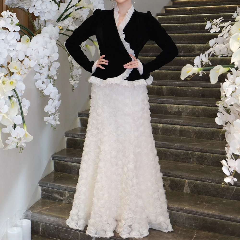 

Customized A-line Evening Dresses Floor-length V-neck Full Sleeve Prom Gown Fashion Flowers Ruched Simple Draped Party Gown