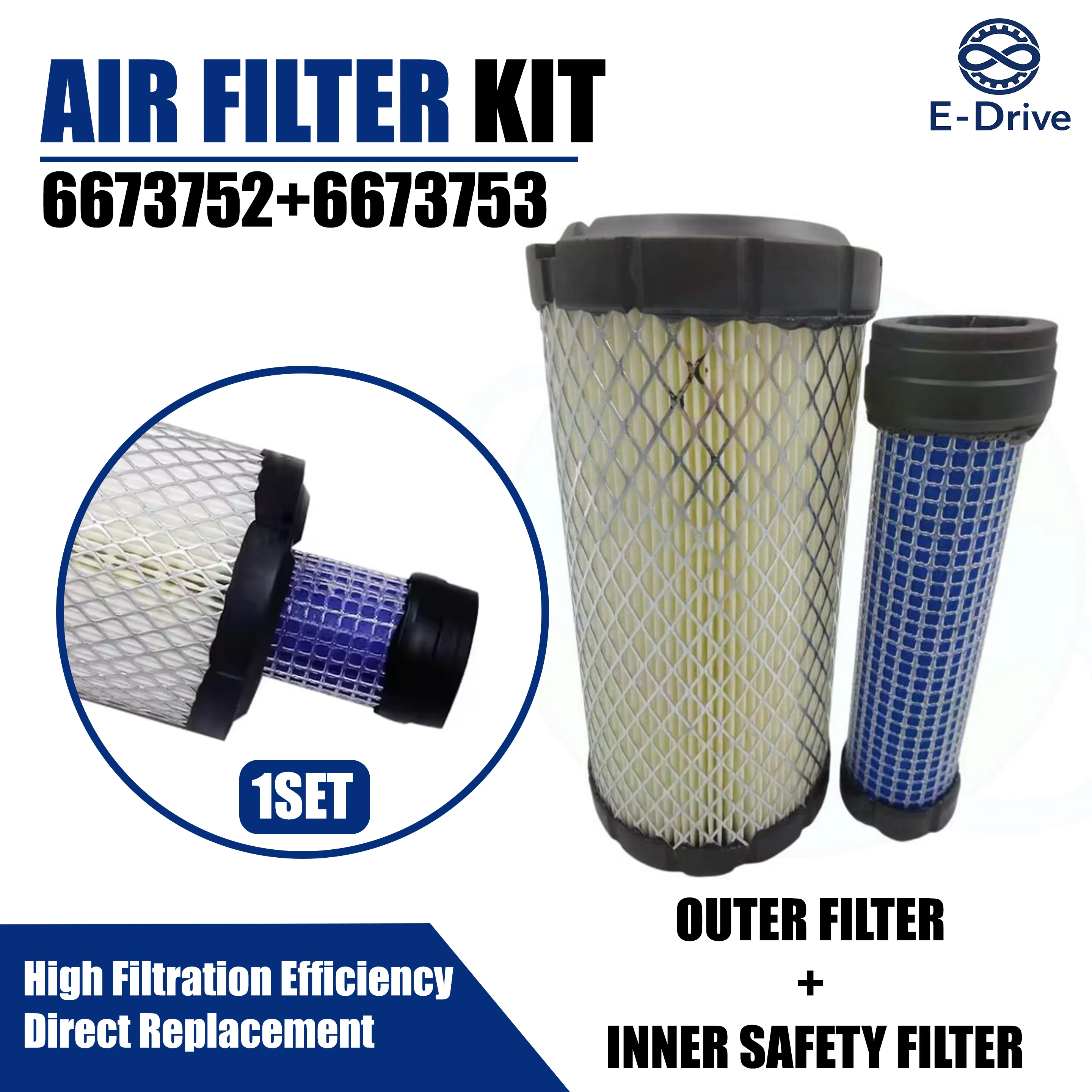 Air Filter Kit 6673752 6673753 Replacement for Bobcat 319 320 321 322 323 324 418 E08 E10 E14 E16 E17 E19 E20 E25 E26