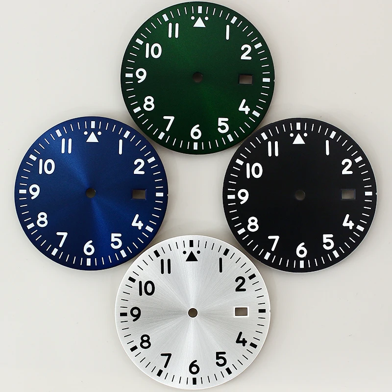 33.8mm No-logo Pilot Watch Dial Green Luminous Single Date Dial Face For NH35 NH36 Eta 2824 PT5000 movement Modified Watch Parts