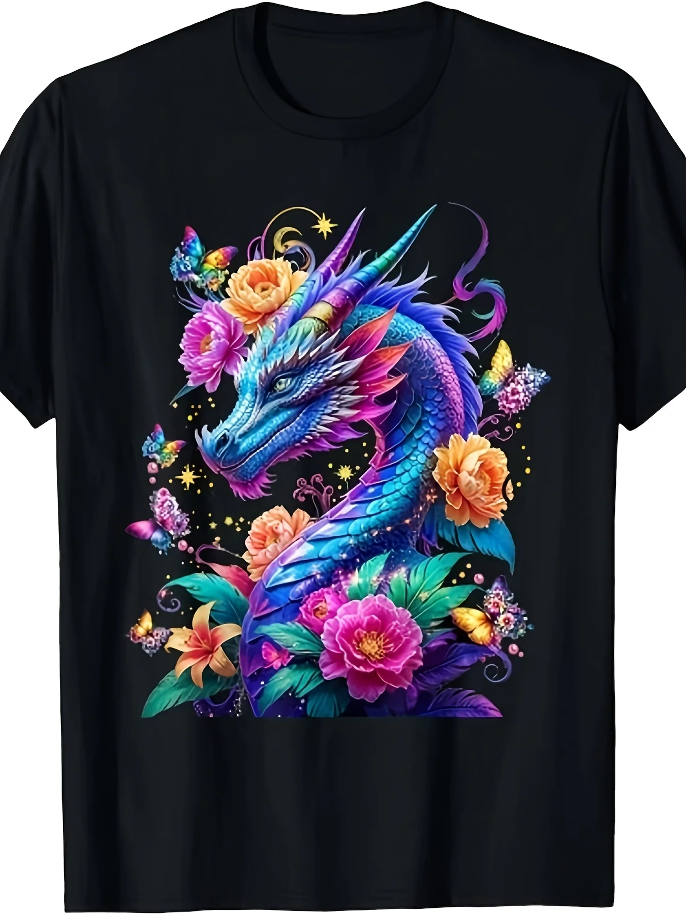 Men's casual patterned T-shirt, featuring a vibrant watercolor dragon design, offers a comfortable fit, round neck design, suitable for all seasons, showcases vintage style and fun prints, available in plus sizes.