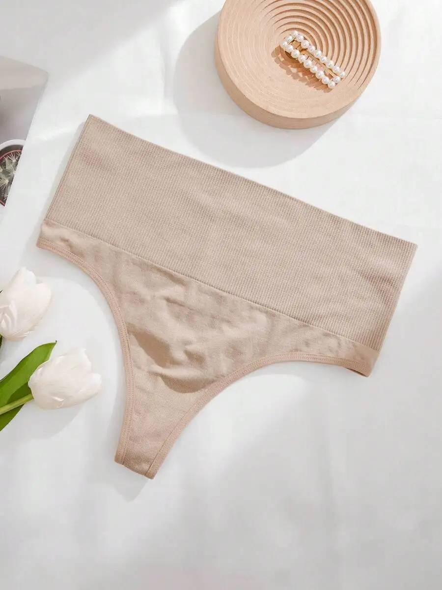 

Apricot High Waisted Rib Knit Shapewear Panties For Women Comfortable Stretch Underwear