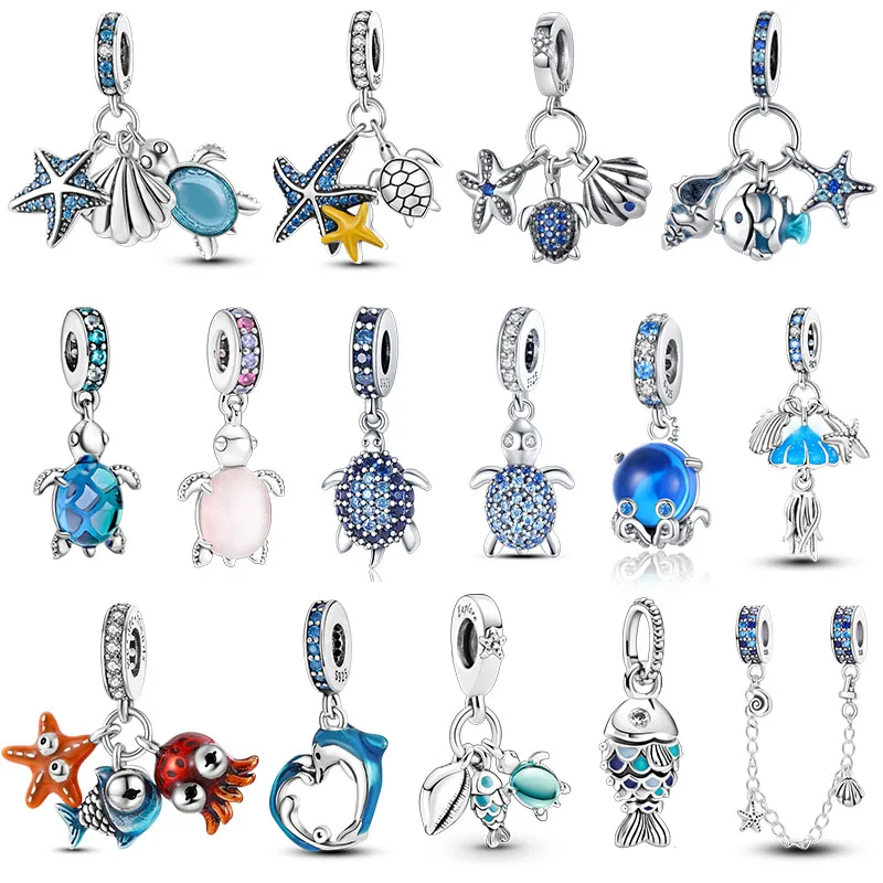 

925 Sterling Silver Starfish Turtle Shell Ocean Mermaid Scallops Anchor cruise ship Charms For Original Pandora Jewelry Gift