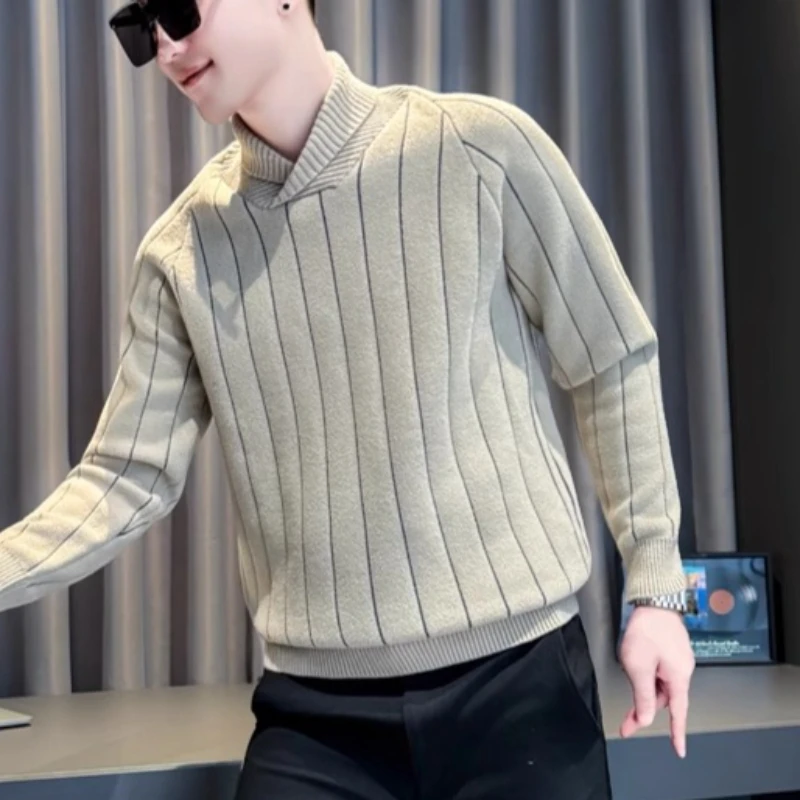 

Korean Winter Sweater Men's Round Neck Long Sleeved Knitted Sweater Striped Social Streetwear Casual Business Sweaters 2025
