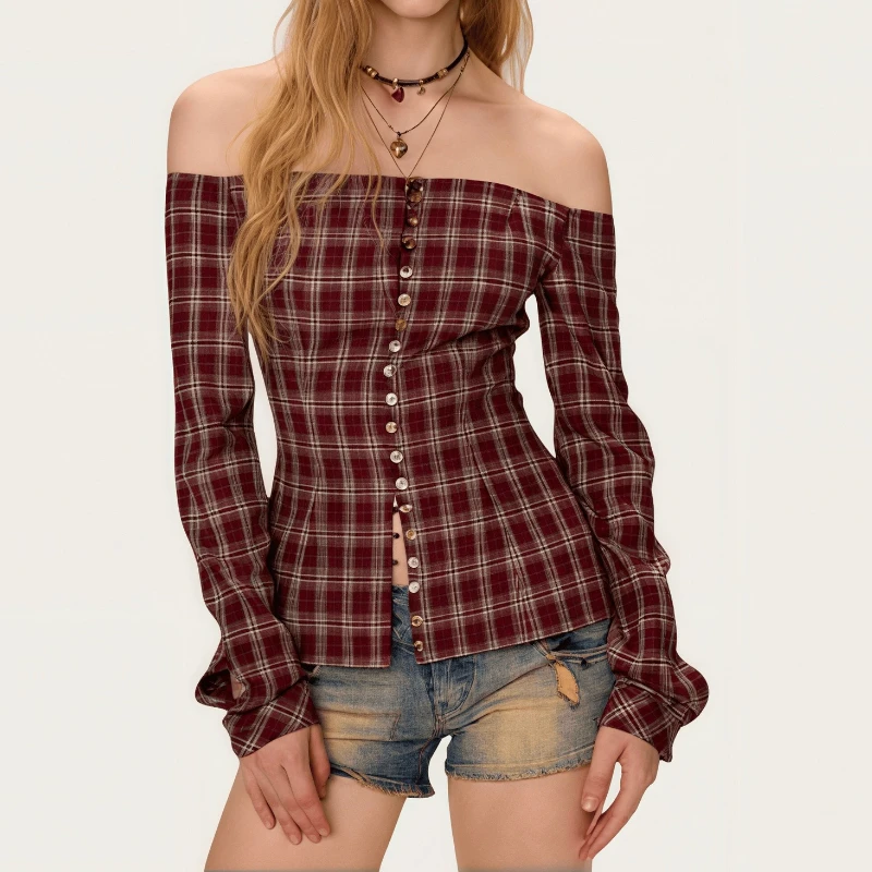 Nouvelle Collection Printemps 2026 : Chemise à carreaux asymétrique à manches longues, style original, haut épaule dénudée pour femme