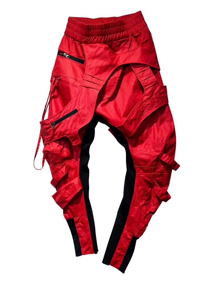 

Wasteland Style Women Techwear Avant-Garde Asymmetric Red Motorcycle Biker Ankle Banded Pants Casual Pants Men's Trousers