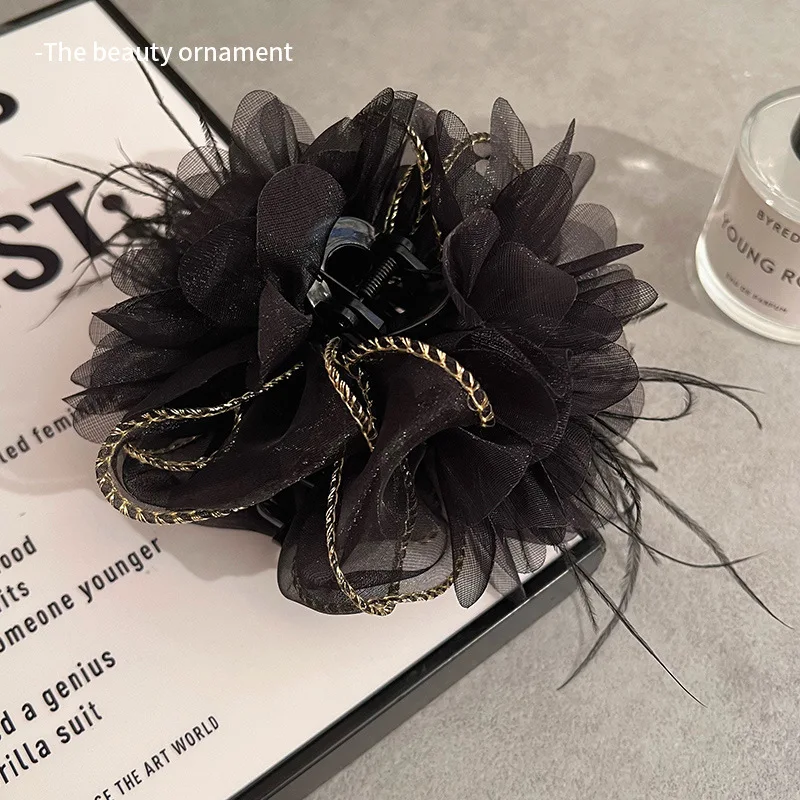 Korea Ostrich Feathers Hair Clip For Women Big Flower Hairpin Adult Black Hairclip Girls Large Claw Clip for thick hair Jewelry